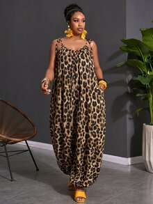 Veslaya Plus Size Women Leopard Print Pocketed Wide Leg Jumpsuit - Brown - View 5