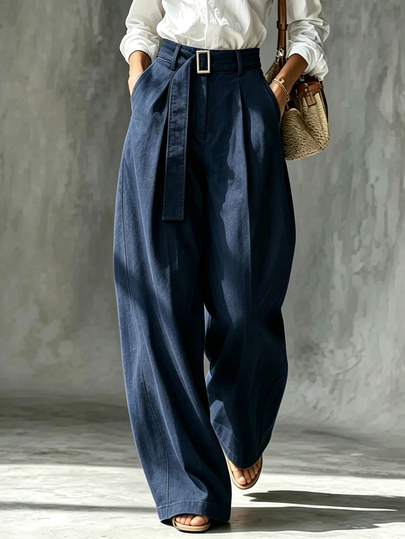 SHEIN Navy Blue Loose Wide Leg Pants With Pockets, Denim Effect Texture, Belt Design, Elegant And Fashionable; Suitable For Spring, Summer, Autumn, Winter, Vacation, Easter, Holidays, Halloween, Christmas, Mother's Day, Graduation Season, Daily Wear, Country Music Festival And Other Occasions, Showcasing Faux Denim Effect.