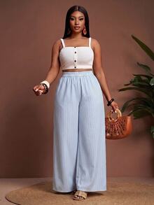 Veslaya Plus Size Casual Striped Wide Leg Pants For Vacation Fall - Multicolor - View 4