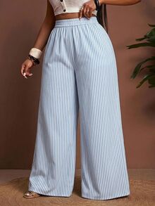 Veslaya Plus Size Casual Striped Wide Leg Pants For Vacation Fall - Multicolor - View 5