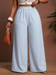 Veslaya Plus Size Casual Striped Wide Leg Pants For Vacation Fall - Multicolor - View 3