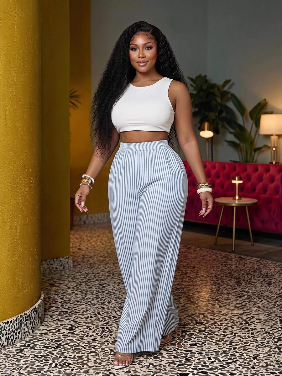 Veslaya Plus Size Casual Striped Wide Leg Pants For Vacation Fall - Multicolor - View 1