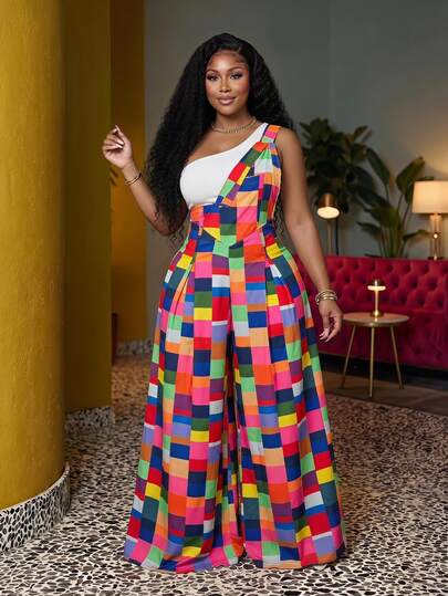 Veslaya Plus Size Women Casual Sweet Plaid Print Tie-Up Wide Leg Jumpsuit, Suitable For Going Out Date Night Vacation Daily Wear Romantic Autumn Pink
