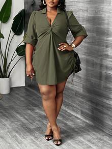 Veslaya Plus Size Women's Elegant Olive Green Autumn Mini Shirt Dress, Form-Fitting Shirred Twist Front Drawstring Waist Long Sleeve Party Dress Fall - Army Green - View 2