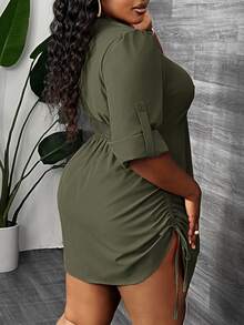 Veslaya Plus Size Women's Elegant Olive Green Autumn Mini Shirt Dress, Form-Fitting Shirred Twist Front Drawstring Waist Long Sleeve Party Dress Fall - Army Green - View 8
