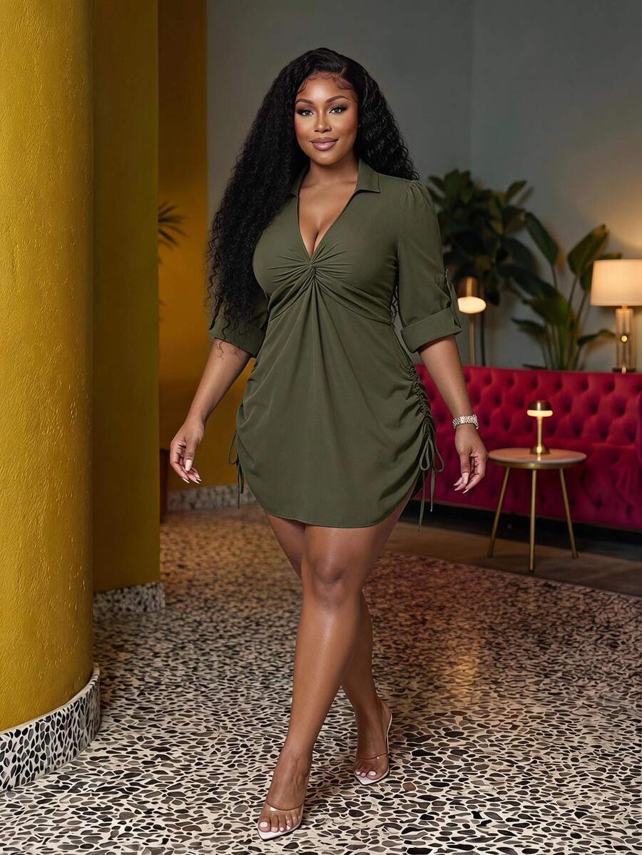 Veslaya Plus Size Women's Elegant Olive Green Autumn Mini Shirt Dress, Form-Fitting Shirred Twist Front Drawstring Waist Long Sleeve Party Dress Fall - Army Green - View 1