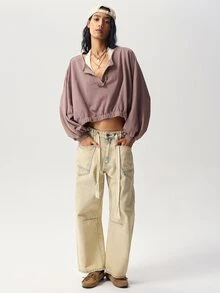 Bohemela Sweatshirt Wanita Warna Polos Model V-Neck Batwing Lengan Panjang Longgar Kasual Streetwear untuk Perjalanan Sehari-hari Warna Pink dan Cokelat Musim Gugur - Khaki - View 7