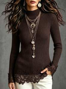 SHEIN Atasan Wanita Musim Gugur/Dingin Gaya Vintage dengan Kerah Setengah Tinggi, Manset dan Hem Berenda Berongga, serta Belahan Samping sebagai Lapisan Dalam untuk Pakaian Luar - Coffee Brown - View 8
