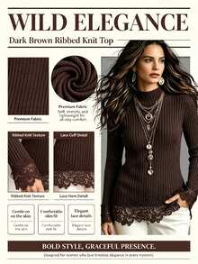 SHEIN Atasan Wanita Musim Gugur/Dingin Gaya Vintage dengan Kerah Setengah Tinggi, Manset dan Hem Berenda Berongga, serta Belahan Samping sebagai Lapisan Dalam untuk Pakaian Luar - Coffee Brown - View 4