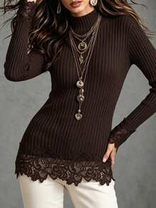 SHEIN Atasan Wanita Musim Gugur/Dingin Gaya Vintage dengan Kerah Setengah Tinggi, Manset dan Hem Berenda Berongga, serta Belahan Samping sebagai Lapisan Dalam untuk Pakaian Luar - Coffee Brown - View 6