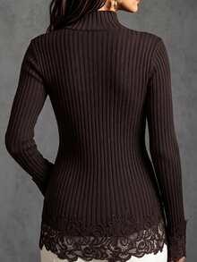 SHEIN Atasan Wanita Musim Gugur/Dingin Gaya Vintage dengan Kerah Setengah Tinggi, Manset dan Hem Berenda Berongga, serta Belahan Samping sebagai Lapisan Dalam untuk Pakaian Luar - Coffee Brown - View 3