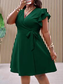 Veslaya Plus Size Red Double Ruffle Wrap-Style Side Tie Waist A-Line Summer Vacation Dress - Dark Green - View 7