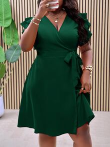 Veslaya Plus Size Red Double Ruffle Wrap-Style Side Tie Waist A-Line Summer Vacation Dress - Dark Green - View 6