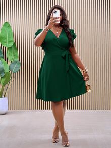 Veslaya Plus Size Red Double Ruffle Wrap-Style Side Tie Waist A-Line Summer Vacation Dress - Dark Green - View 3