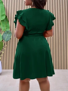 Veslaya Plus Size Red Double Ruffle Wrap-Style Side Tie Waist A-Line Summer Vacation Dress - Dark Green - View 2
