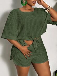 Veslaya Plus Size Casual Solid Color Drawstring Slit Two Pieces Outfits, Summer - Army Green - View 6