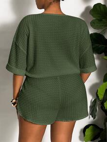 Veslaya Plus Size Casual Solid Color Drawstring Slit Two Pieces Outfits, Summer - Army Green - View 2