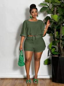 Veslaya Plus Size Casual Solid Color Drawstring Slit Two Pieces Outfits, Summer - Army Green - View 4