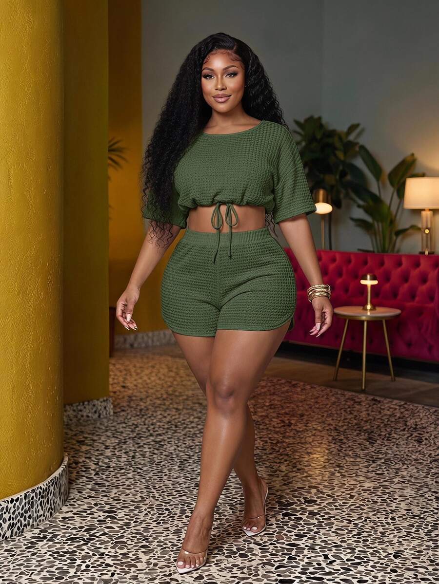 Veslaya Plus Size Casual Solid Color Drawstring Slit Two Pieces Outfits, Summer - Army Green - View 1
