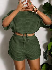 Veslaya Plus Size Casual Solid Color Drawstring Slit Two Pieces Outfits, Summer - Army Green - View 7