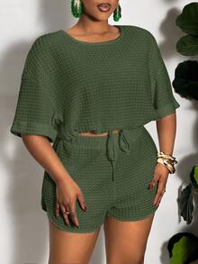 Veslaya Plus Size Casual Solid Color Drawstring Slit Two Pieces Outfits, Summer - Army Green - View 8
