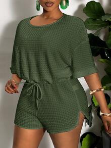 Veslaya Plus Size Casual Solid Color Drawstring Slit Two Pieces Outfits, Summer - Army Green - View 5