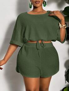 Veslaya Plus Size Casual Solid Color Drawstring Slit Two Pieces Outfits, Summer - Army Green - View 3