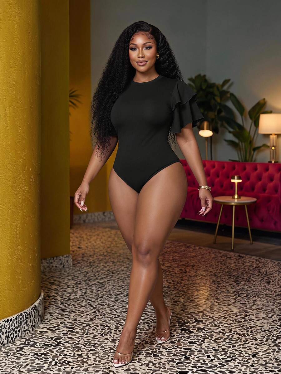 Veslaya Plus Size Vacation Leisure Multilayer Ruffle Sleeve Bodycon Bodysuit - Black - View 1