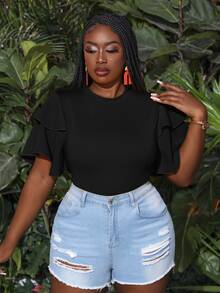 Veslaya Plus Size Vacation Leisure Multilayer Ruffle Sleeve Bodycon Bodysuit - Black - View 5