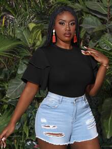 Veslaya Plus Size Vacation Leisure Multilayer Ruffle Sleeve Bodycon Bodysuit - Black - View 4