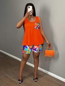 Veslaya Vacation Colorful Print Colorblock Casual Minimalist Plus Size Women's Tank Top And Shorts 2-Piece Set, Suitable For Summer - Multicolor - View 8