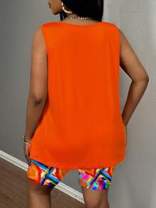 Veslaya Vacation Colorful Print Colorblock Casual Minimalist Plus Size Women's Tank Top And Shorts 2-Piece Set, Suitable For Summer - Multicolor - View 2