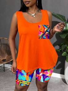Veslaya Vacation Colorful Print Colorblock Casual Minimalist Plus Size Women's Tank Top And Shorts 2-Piece Set, Suitable For Summer - Multicolor - View 5