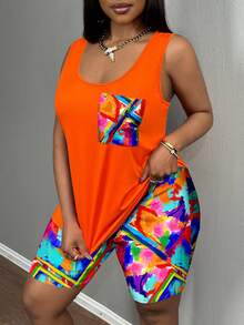 Veslaya Vacation Colorful Print Colorblock Casual Minimalist Plus Size Women's Tank Top And Shorts 2-Piece Set, Suitable For Summer - Multicolor - View 6