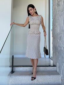 Yohana Edit 女款波點兩件套：蝴蝶結細肩帶背心與魚尾中長裙，時尚優雅，適合度假、畢業季、茶會、花園派對、鄉村風、復古、舞會、夏季 - 彩色 - 查看 4