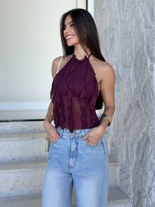Yohana Edit New Backless Lace-Up Design Crop Top, Purple Elegant Multi-Layered Ruffle Decor Halter Vest, Spring/Summer Women Summer Outfits Tops For Ladies - Purple - View 6