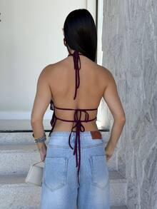 Yohana Edit New Backless Lace-Up Design Crop Top, Purple Elegant Multi-Layered Ruffle Decor Halter Vest, Spring/Summer Women Summer Outfits Tops For Ladies - Purple - View 3