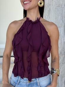Yohana Edit New Backless Lace-Up Design Crop Top, Purple Elegant Multi-Layered Ruffle Decor Halter Vest, Spring/Summer Women Summer Outfits Tops For Ladies - Purple - View 5