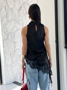 Yohana Edit Women's Sleeveless Shirt With Lace Trim, Side Slit Hem And Narrow Shoulders,Summer Top - Black - View 2