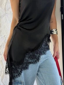 Yohana Edit Women's Sleeveless Shirt With Lace Trim, Side Slit Hem And Narrow Shoulders,Summer Top - Black - View 3