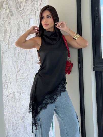 Yohana Edit Camisa sin mangas para mujer con ribete de encaje, bajo con abertura lateral y hombros estrechos