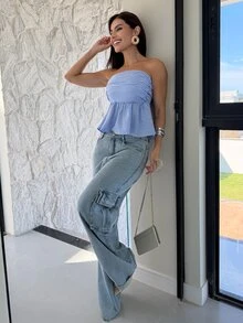 Yohana Edit 條紋抓皺無肩帶下擺女款上衣，秋季女裝，萬聖節女裝，電音節裝扮，早午餐女裝，海灘女裝，返校季，單身派對，郵輪女裝，性感女款上衣，外出上衣 - 藍白色 - 查看 4
