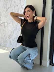 Yohana Edit Women's Plain Color See-Through Patchwork Round Neck Short Sleeve T-Shirt, Versatile For Summer 2025 - Black - View 4