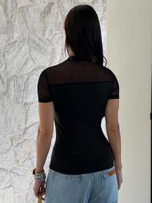 Yohana Edit Women's Plain Color See-Through Patchwork Round Neck Short Sleeve T-Shirt, Versatile For Summer 2025 - Black - View 2