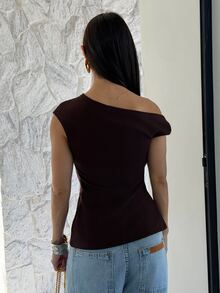 Yohana Edit Fashionable Elegant Asymmetric Textured Shoulder Gathered Waist Women's Spring/Summer Shirt - Brown - View 2