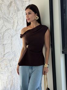 Yohana Edit Fashionable Elegant Asymmetric Textured Shoulder Gathered Waist Women's Spring/Summer Shirt - Brown - View 5