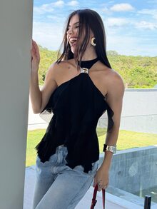 Yohana Edit 女士优雅多层荷叶边立领修身背心 - 黑色 - 查看 4