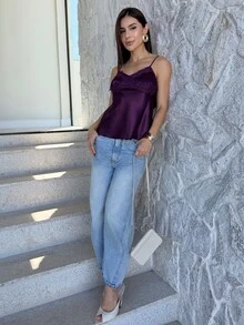 Yohana Edit 女士优雅性感蕾丝拼接缎面吊带背心，春季女装，外出上衣，夏季上衣，夏季度假装 - 紫色 - 查看 7