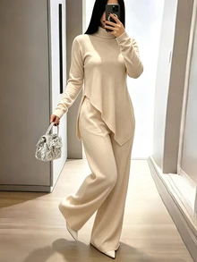 INAWLY Solva 女款純色長袖上衣與長褲休閒日常兩件套 - 杏色 - 查看 2