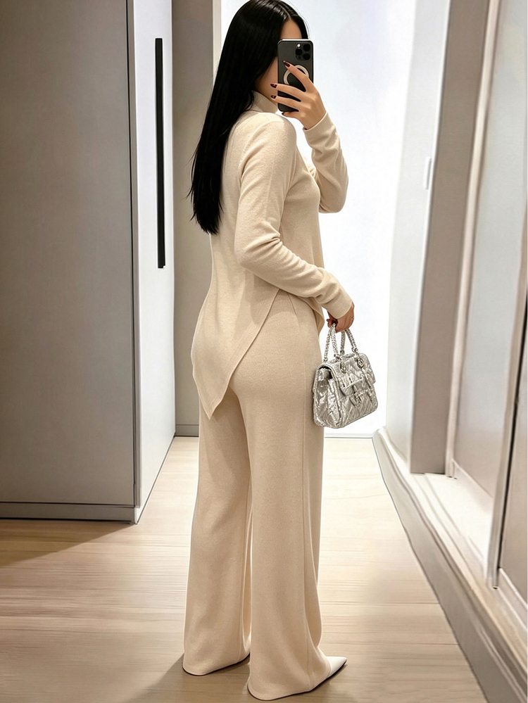 INAWLY Solva Women's Solid Color Long Sleeve Top And Pants Casual Daily 2 Pieces Set - Apricot - View 5